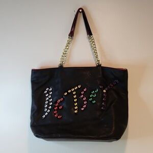 Betsey Johnson Jewels Spell Out Large Handbag Tote Shoulder Strap Black EUC NICE
